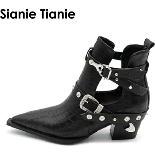 Sianie Tianie hallow cut out PU leather pointed toe woman ankle boots punk gothic stylish women motorcycle martin boots ankle