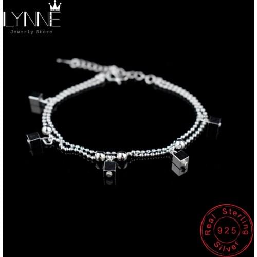 New Fashion Double Layers Small Meter Bead Chain Square Pendant Bracelets 925 Sterling Silver Summer Bracelet Women Jewelry Gift
