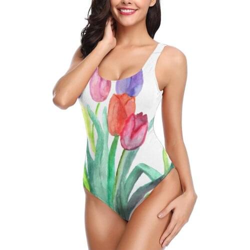 Women 2021 sexy Bikinis Watercolor Tulips Women Swimsuit One Piece Swimwear R336 Women bathing suit SwimSuit