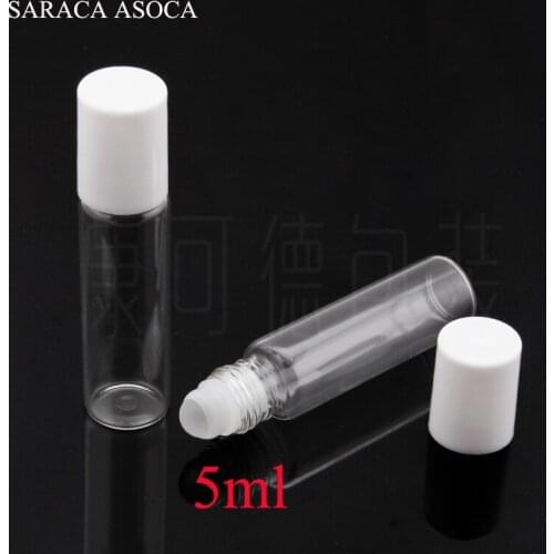 100pcs/lot 5ml 6ml White Cap Transparent Clear Glass Roller Bottle Empty Ball Perfume Bottle