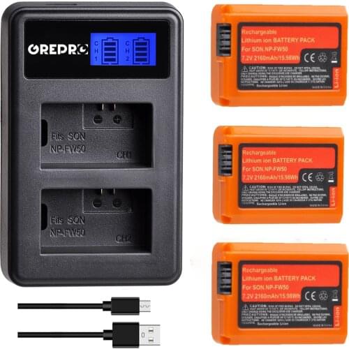 3Pcs 2160mAh NPFW50 NP-FW50 NP FW50 Orange Battery + LCD Dual USB Charger for Sony Alpha a6500 a6300 a6000 a5000 a3000 NEX-3 a7R