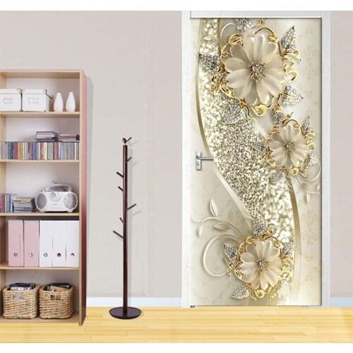 3D Door Sticker Golden Embossed Flowers Wall Mural Art Wallpaper Poster Door Decoration PVC Self Adhesive Removable Home Decal