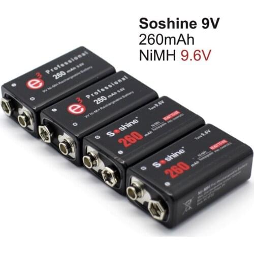 Soshine 260mah True 9.6v Rechargeable Battery 9V battery RTU NiMH Protected High Discharge Batteries Battery box