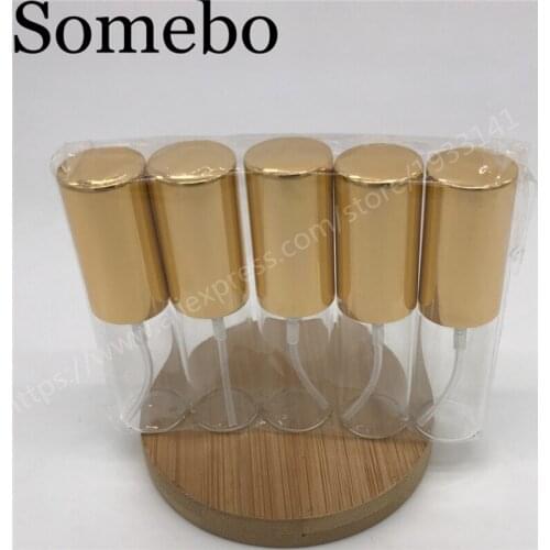 Free Shipping 500pcs 5ML Transparent Thin Glass Spray Bottle Sample Glass Vials Portable Mini Perfume Atomizer Gold Cap
