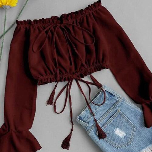 40#Slash Neck Blouse Chiffon Drawstring Solid Elegant Shirt Summer Off Shoulder Sexy Long Sleeve Blouse Tops Women Clothes