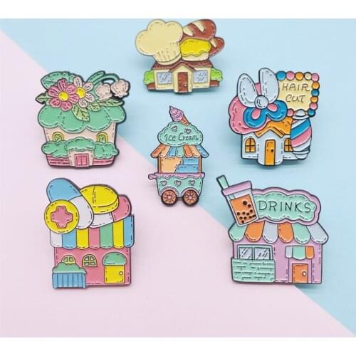 Creative Cute Color Various House Enamel Brooch Ice Cream Haircut Bread Milk Tea Hospital House Alloy Pins Sweet Badge Jewelry
