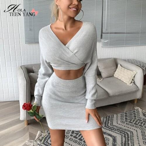 Hola TeenYang Sweater 2 Piece Set Women V Neck Long Lantern Sleeve Crop Top And Short Skirt Two Piece Set Female Autumn Clothes