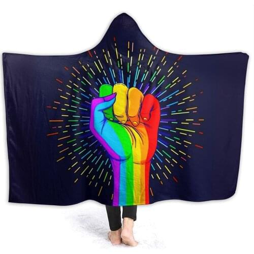 Rainbow Colored Fist Love is Love LGBT Hooded Blanket Wearable Sweatshirt Hoodie Blankets Throw Flannel Bedding Novelty Gift