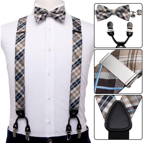 Men Suspender Set Silk Bowtie Plaid Tie Leather Back Belt Vintage Elastic Wedding Suspender Checked Bow Tie Christmas Barry.Wang