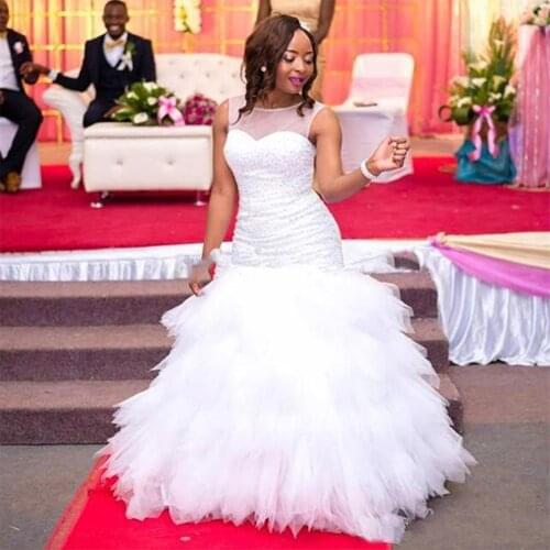 2020 New African Tiered Mermaid Wedding Dress Full Beading Bridal Gown Wedding Gowns Plus Size Customized