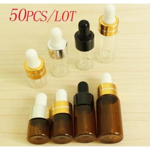 50pcs/lot 1ml 2ml 3ml 5ml Empty Dropper Bottle Portable Amber Glass bottle Esstenial Oil Bottle with Glass Eye Dropper