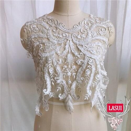 LASUI 41*50 cm luxury White small pearl+ Sequin embroidery cord flowers lace applique Neckline wedding dress special jewel0304