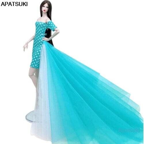 Blue Polka Fashion Doll Dress For Barbie Doll Clothes Outfits Princess Evening Party Gown Long Dresses Dolls Accessories 1/6 Toy