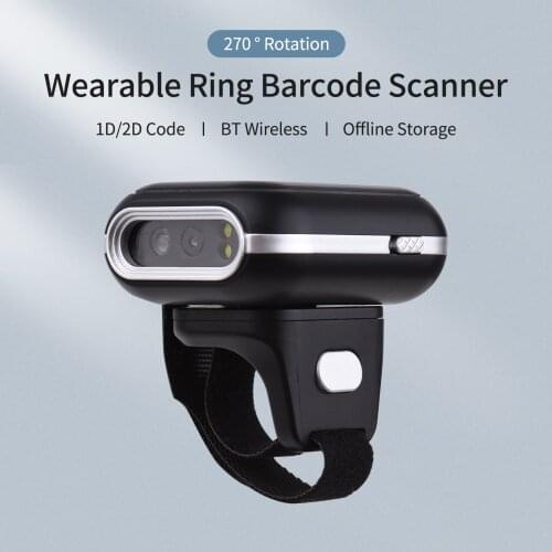 2D Ring Barcode Scanner Portable BT Wireless & USB Wired Barcode Reader Wearable Mini 1D 2D QR Bar Code Scanner 270° Rotation