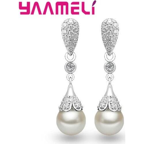 Fancy Luxury Long Dangle 925 Sterling Silver Crystals&Pearls Earrings For Women Female Anniversary Wedding Jewelry