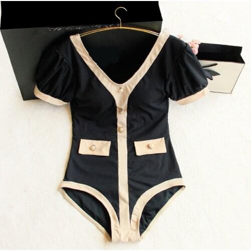 2021 Women Black One Piece Swimwear with Skirt Sexy Swimming Beachwear High Waist Bathing Suit Short Sleeve Patchwork Swimsuit