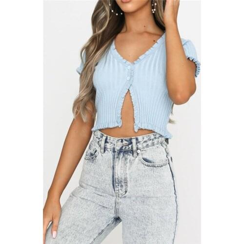 4 Color Summer Women Casual Thin Knitted Cardigan T-Shirts Casual Buttons Ruffle Short Sleeve Ribbed Knit Crop Tops Blue Tees