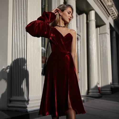 Eightree Autumn Sexy Evening Dress Velvet Single Long Sleeves V Neck Prom Dresses Plus Elegant Lantern Party Dress Homecoming