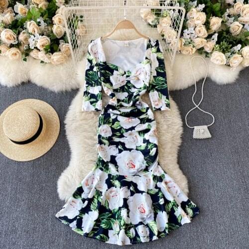 Womens Spring Summer Runway Fashion Designer Square Collar Flower Print Fish Tail Dress Female Chic Travel Party Dress TB862