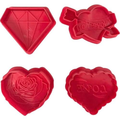 4Pcs Valentines Day Love Couple Rose Diamond Cake Plunger Mold Cookie Cutter Fondant Decoration Tools Sugarcraft Biscuit Moulds