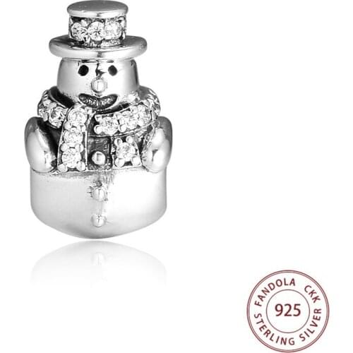 Authentic 925 Sterling Silver Clear CZ Snowman Charms Beads Fits Original Bracelets Charmsy Silver 925 DIY Jewelry Making