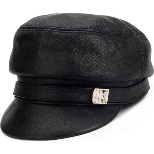 New Genuine Leather Short Brim Flat Hats For Woman Real Cow Leather Black/Yellow/Red Brown Fitted Baseball Caps
