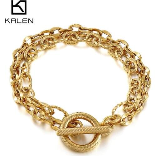 Kalen Stainless Steel Charm Bracelet Double Layer Gold Figaro Chain Bracelets For Men and Women