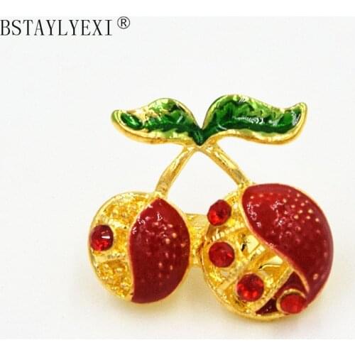 BSTAYLYEXI Red Cherry Brooches With Green Crystal For Lady and Girl Accessories Ladies collar pin jewelry