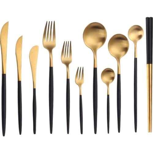 Black Gold Cutlery Set Matte Stainless Steel Golden Dinnerware Set Chopsticks Dessert Dinner Tea Spoon Fork Knife Tableware Set