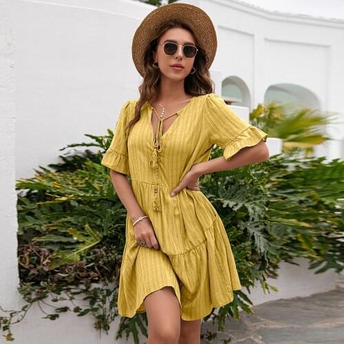 Women Half Sleeve V-neck Midi Dress Summer New Casual Loose Ruffles Lace Up Tassel Button Decor Holiday Striped Vestidos Female
