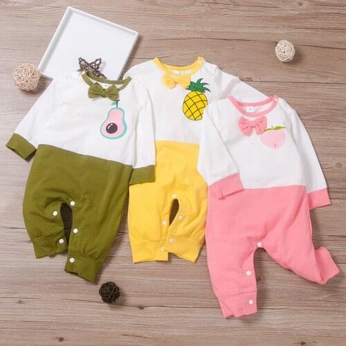 Spring Fall Winter Baby Girl Clothes Cotton Cute Fruit Pineapple Avocado Peach Bow Patchwork Baby Romper Home Baby Onesie 0-18M