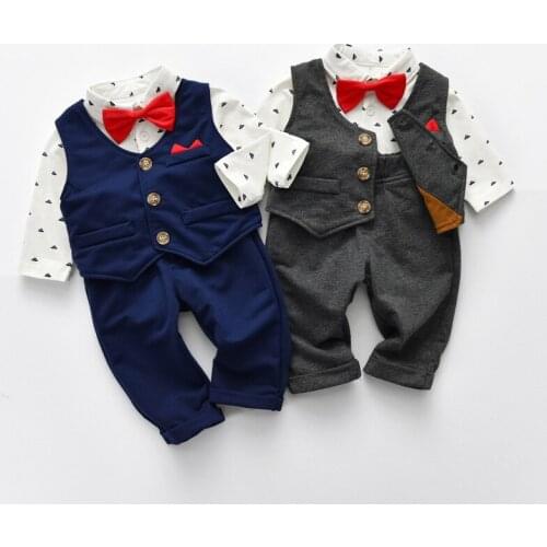 Top Autumn Fashion infant clothing Baby Suit Baby Boys Clothes Gentleman Bow Tie Rompers + Vest + pants Baby Set
