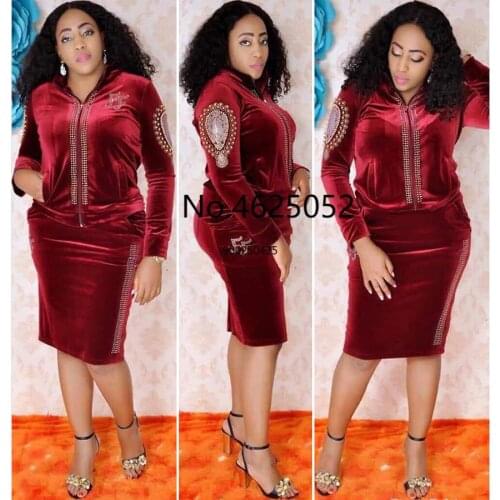 2 Two Piece Set Women Outfits Velvet Top Midi Skirt Autumn Winter African Clothes Dashiki Long Sleeve Africa Clothing Plus Size
