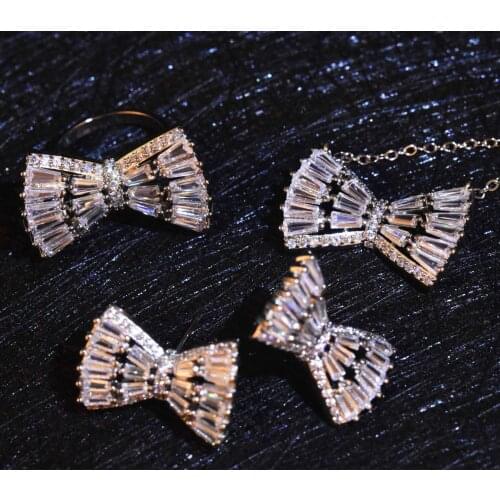 BLACK ANGEL Fairy Sweet Bowknot Jewelry Set Super Flash Zircon CZ Earrings Necklace Light Luxury Butterfly Ring Pendant Women