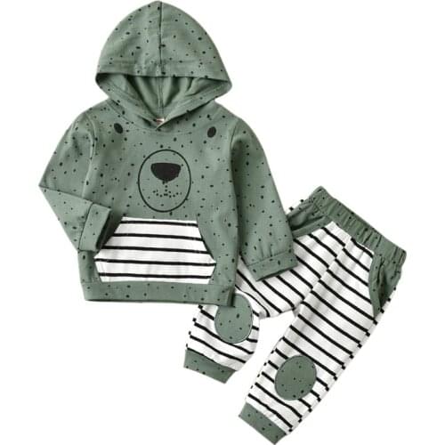 FOCUSNORM Newborn Baby Boys Clothes Sets 0-24M Outfits Autumn Cartoon Hooded Pullover Tops Pants 2pcs