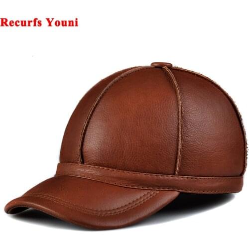 RY9203 Korean Fashion Winter Mens Genuine Leather Caps Male Ear Muffs Casual Warm Baseball Hat Adjustable Yellow Thick Chapeau