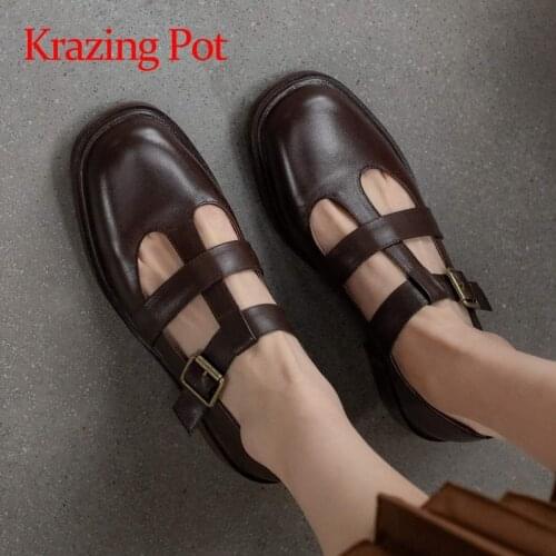 Krazing Pot genuine leather round toe low heels shallow vintage cozy solid preppy style daily wear buckle straps women pumps L15