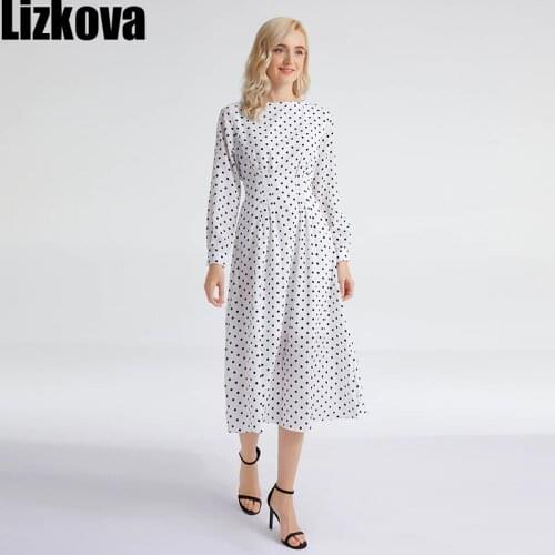 Lizkova White Dot Print Chiffon Dress Women Long Sleeve Elastic Waist Robe 2021 Spring Female O-neck Lantern Sleeve Vestio NI001