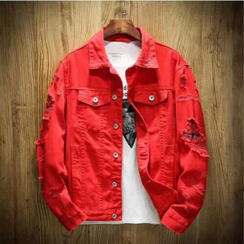 2021 Autumn New Mens Jean Jacket Slim Fit Cotton Denim Jacket Red White Black Ripped Hole Jean Coats Men Outwear Plus size