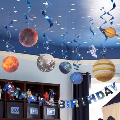 Solar System UFO Outer Space Party Decoration Happy Birthday Banner Hanging Swirls Decorations Cake Topper Kids Birthday Party