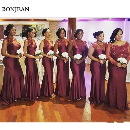 New Cheap Burgundy Bridesmaid Dresses Long Weddings Lace Appliques Beaded Mermaid Plus Size Formal Maid of Honor Gowns