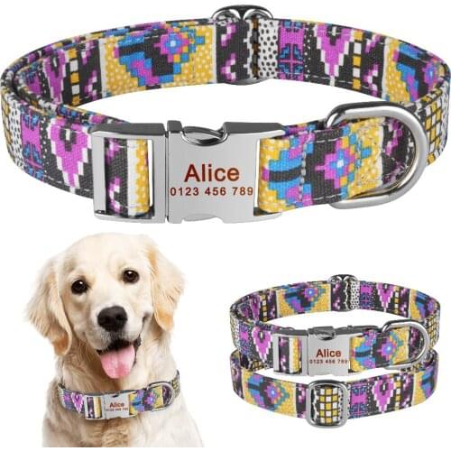 AiruiDog Nylon Personalized Dog Collar Adjustable Pet Engraved Custom ID Name Tag S M L