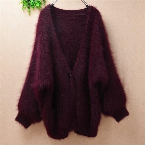 Top quality casual fashion plush mink cashmere knitted deep v-neck loose oversized cardigans angora fur jacket coat sweater pull