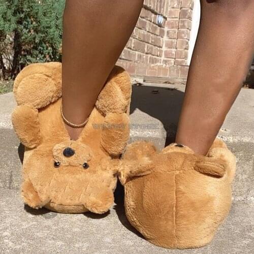 Women Teddy Bear Plush Slippers Cartoon Cute Bear House Slipper Winter Warm Furry Faux Fur Slides Woman Furry Flip Flop Shoes