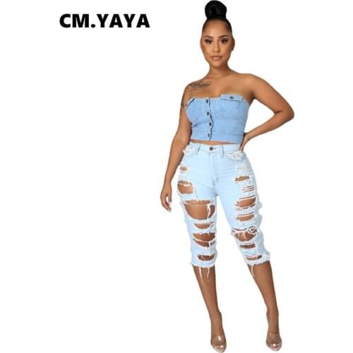 CM.YAYA Women Jeans Mid Waist Ripped Elastic Sheath Knee Length Pencil Denim Shorts Female High Street Casual Fahsion Trousers