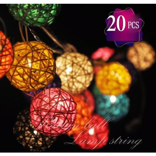 Colorful Thailand DIY LED 2M 20 PCS/Lot EU/US Plug-in or Battery Powered Rattan Ball Tandem String Lights For Xmas Wedding Party