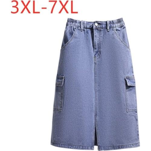 New 2021 Ladies Summer Plus Size Denim Midi Skirt For Women Large Casual Loose Cotton A-line Blue Pocket Skirts 4XL 5XL 6XL 7XL