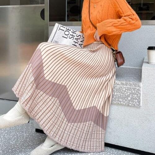 2021 Autumn Winter Women Casual Loose Knitted Skirt Female Patchwork Thick Warm High Wiast Skirt Lady Elegant Pleated Falda Q216