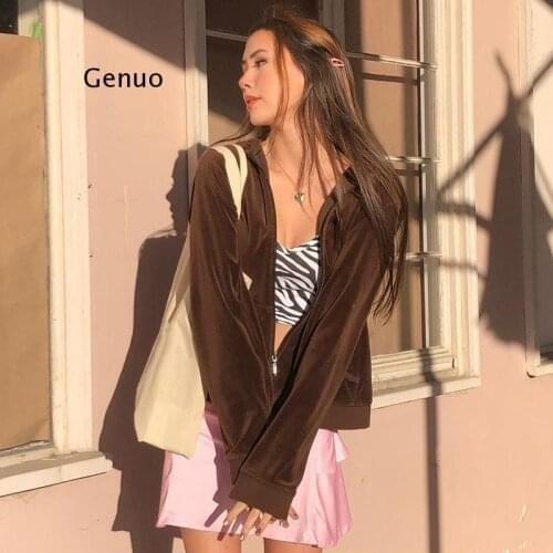 Harajuku Brown Sweatshirt Women Y2K Long Sleeve Jackets Korean Velvet Hoodies Pockets Thin Crop Tops Outfits Vintage