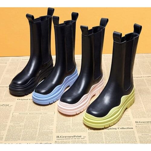 Martin boots womens leather mona with the same paragraph 2021 new thick-soled Chelsea short boots stretch smoke tube boots